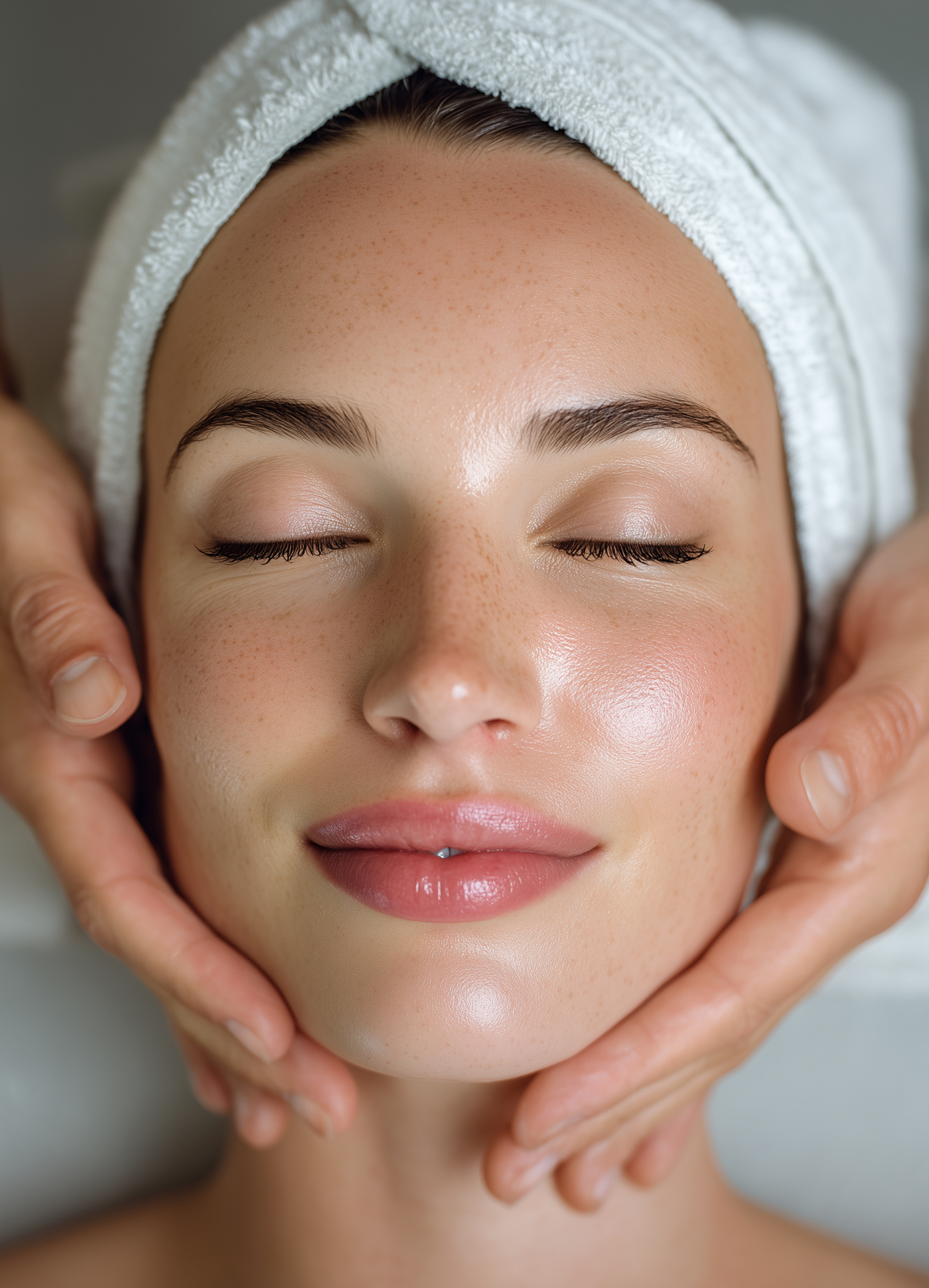 Eine Frau, die sich ein Handtuch um den Kopf gewickelt hat, genießt eine Gesichtsmassage. Ihre Augen sind geschlossen, und sie hat einen entspannten Ausdruck, während zwei Hände sanft ihr Gesicht streicheln. Ihre Haut wirkt glatt und strahlend.